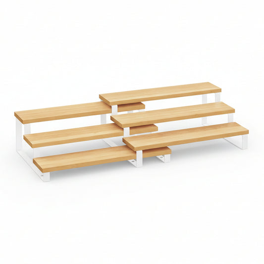 Display Risers, Set of 2 Engineered Wood Perfume Organizer Stand, 3-Tier Cupcake Stand Holder, Spice Rack, Shelf Risers for Figures, Dessert Shelves, Natural Beige and Cloud White UKCS016N02