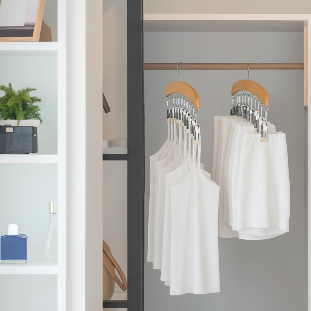 Leggings Hangers, Wooden Closet Hanging Leggings Storage Organizer Scarf Hangers with 24 Clips, 360° Swivel Hook, Burlywood, 2 Pcs