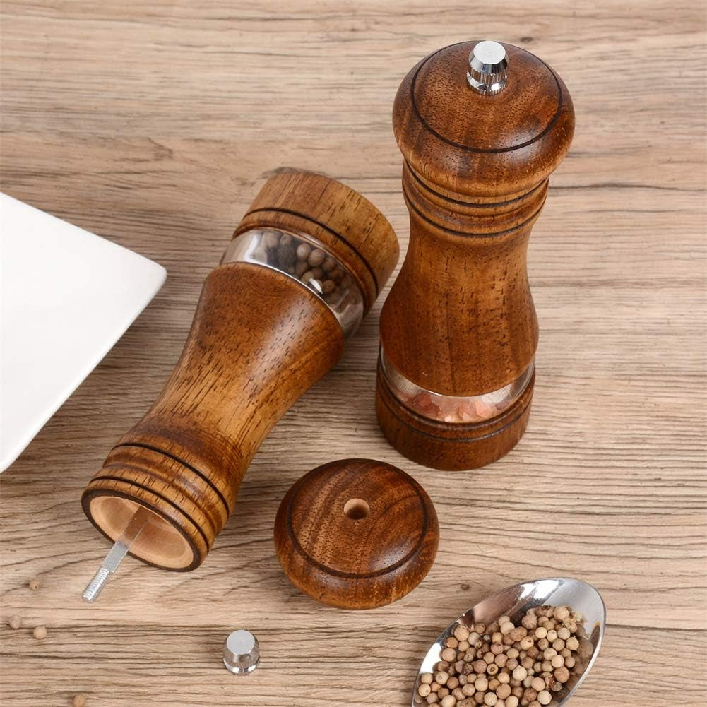 Wood Salt and Pepper Grinder Set, Manual Mills with Acrylic Window, Adjustable Ceramic Grinding - 6.5Inch, 2 Pack