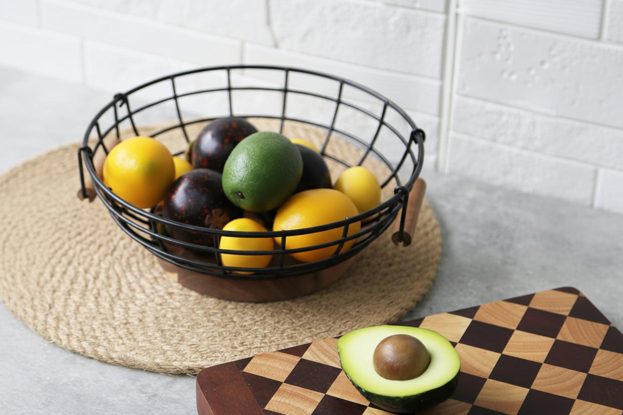 Fruit Basket,Black Wire Basket with Acacia Wood Base,Large Fruit Bowl for Countertop,Black Baskets for Fruits, Breads, Vegetables Storage. (10-Inch)