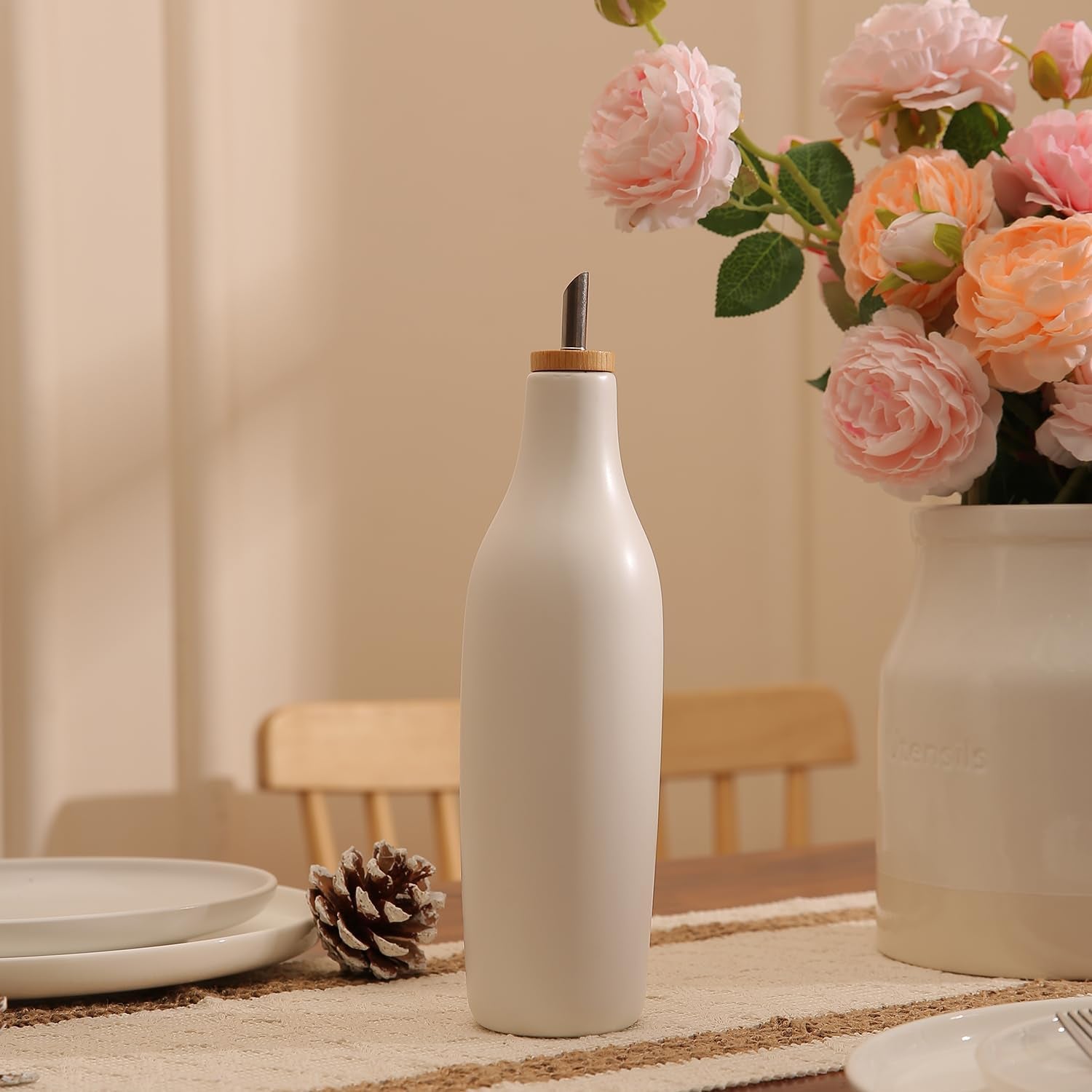Ceramic Olive Oil Dispenser for Kitchen, Stoneware 16Oz Oil and Vinegar Bottles Dispenser, Kitchen Dispenser Bottle for EVOO Vinegar Syrups, Modern Farmhouse Design(W)