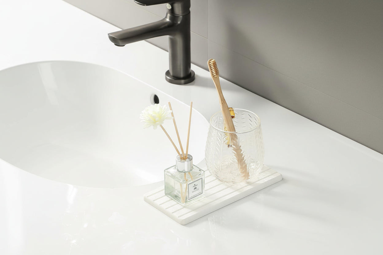 2PCS Water Absorbing Stone Drying Tray Mat for Bathroom Sink & Kitchen Counter Faucet Organizer Decor, Quick Dry Dish Soap Dispenser Sponge Holder, Vanity Sink Caddy Bar Coaster,White-8"*3.8"