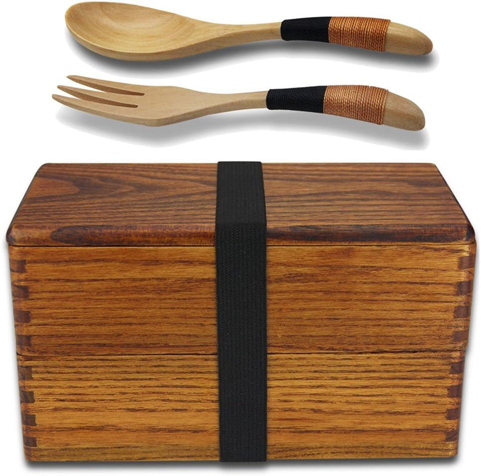 Wood Bento Box, Lunch Boxes, Japanese Traditional Natural Square Wooden Lunch Containers Women'S Men'S Adult Wood Bento Box with Spoon Fork Kit