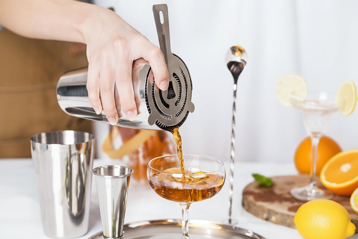 Cocktail Shaker Set, Professional 4-Piece Bartender Kit with Boston Shaker, Hawthorne Strainer, Double Measuring Cocktail Jigger, and 10-Inch Mixing Spoon, Bartender'S Choice