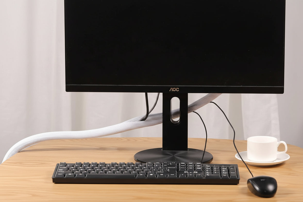 White Cable Sleeve Cover, 2 Pack 5Ft - 1.2 Inch Desk Cord Organizer Cable Hider, Home Office Wire Management Computer TV Wire Loom Tubing, Pet Proof Cord Protector, from Cat Dog Chewing, White