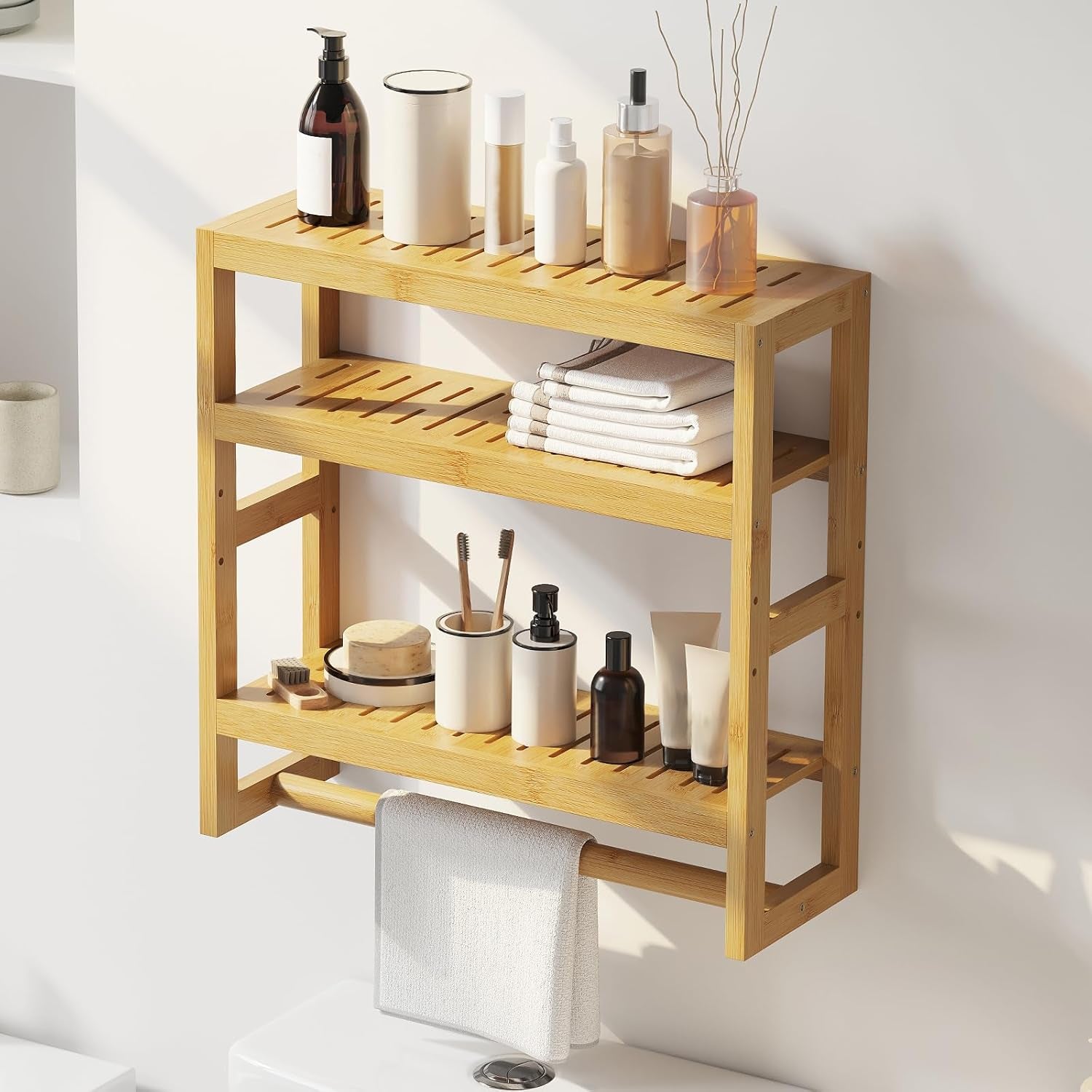 Bathroom Shelves with Hanging Bar over Toilet Storage - Adjustable Wall Organizer (Natural)