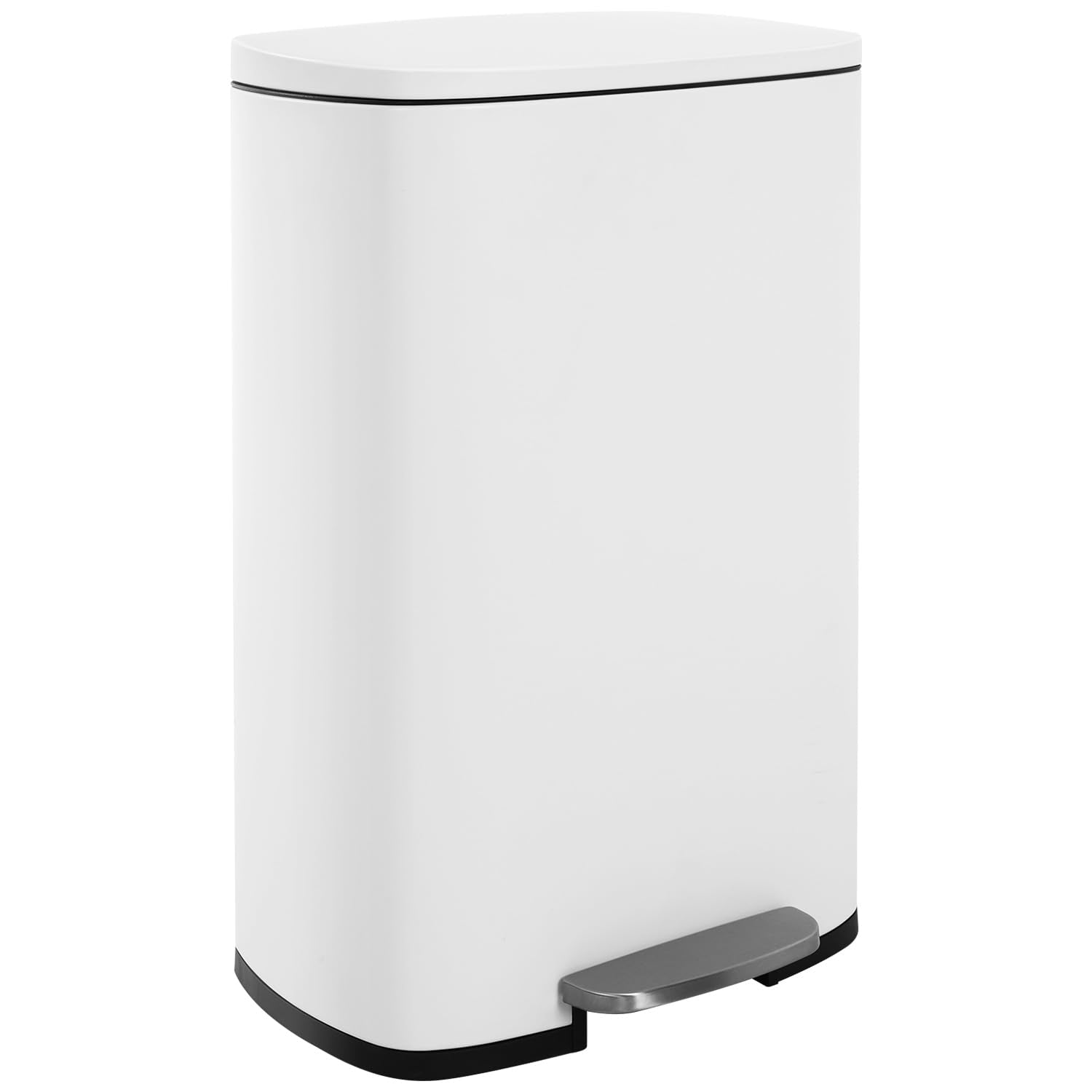 | 13 Gallon Trash Can with Lid | White | Fingerprint-Proof | Made of Brushed Stainless Steel | Soft-Close Step Pedal | Hands-Free Use | Easy to Clean | for Kitchen, Office, Bathroom
