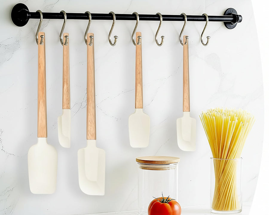 Non-Stick Rubber Spatula Set 5 Pieces - Food Grade Silicone Spatulas, Spoon Scraper, Jar Scraper, Flat Scraper for Baking Cooking Mixing Frosting - 600°F Heat Resistant (Cream White)