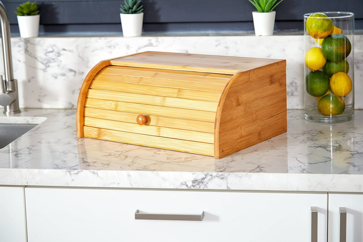 Natural Bamboo Roll Top Bread Box Kitchen Food Storage - Assembly Required