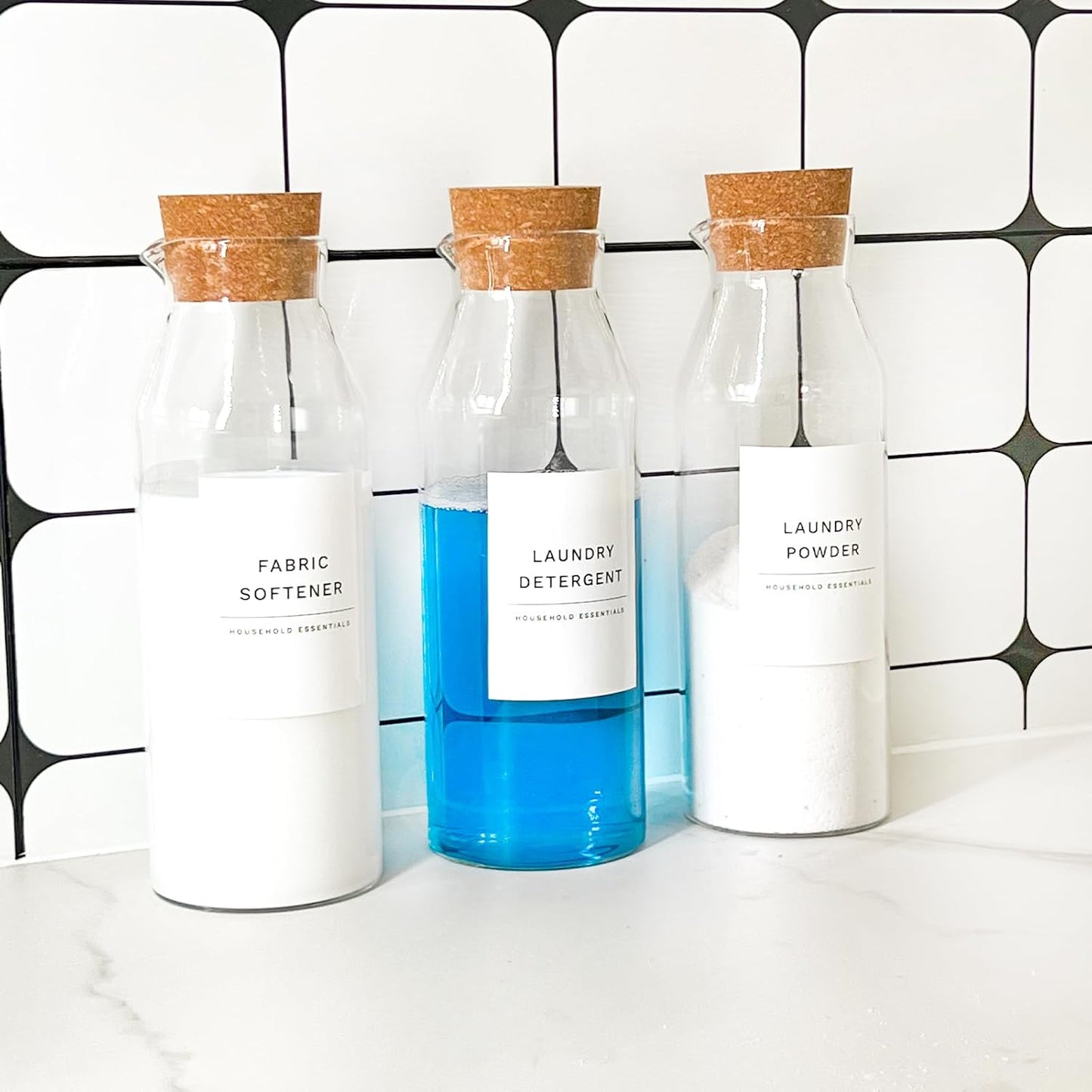 Glass Laundry Detergent Dispenser Set with Cork Lids, Fabric Softener Dispenser, Easy Pour 3 Pack Laundry Bottles, Liquid Detergent Containers, Scent Booster & Bleach Container for Laundry Room