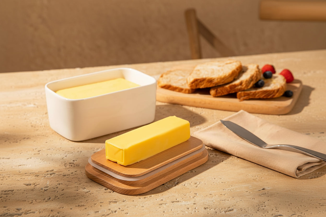 Large Butter Dish - Airtight Butter Keeper Holds up to 2 Sticks of Butter - Porcelain Container with Beech Wooden Lid, White