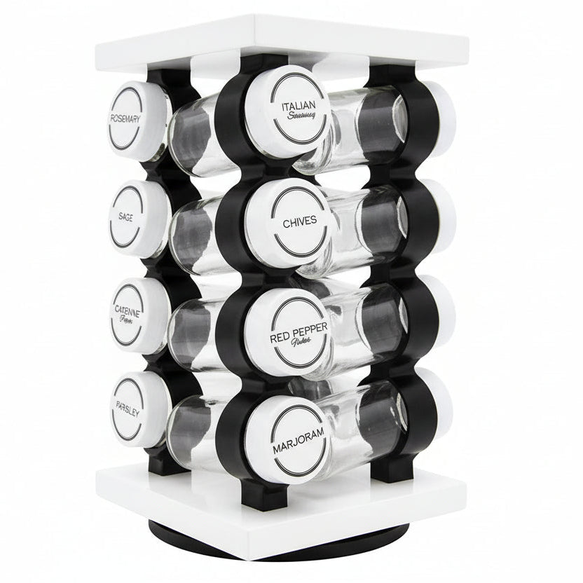 Spice Rack 16 Jar Set White Filled with Spices - Rotating Standing Rack Shelf Holder & Countertop Spice Rack Tower Organizer for Kitchen Spices