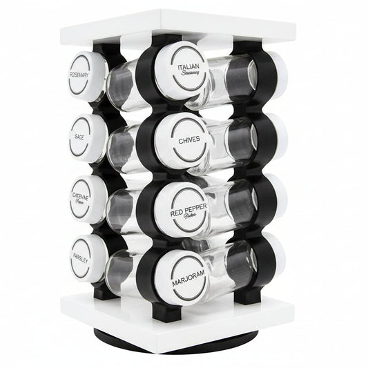 Spice Rack 16 Jar Set White Filled with Spices - Rotating Standing Rack Shelf Holder & Countertop Spice Rack Tower Organizer for Kitchen Spices