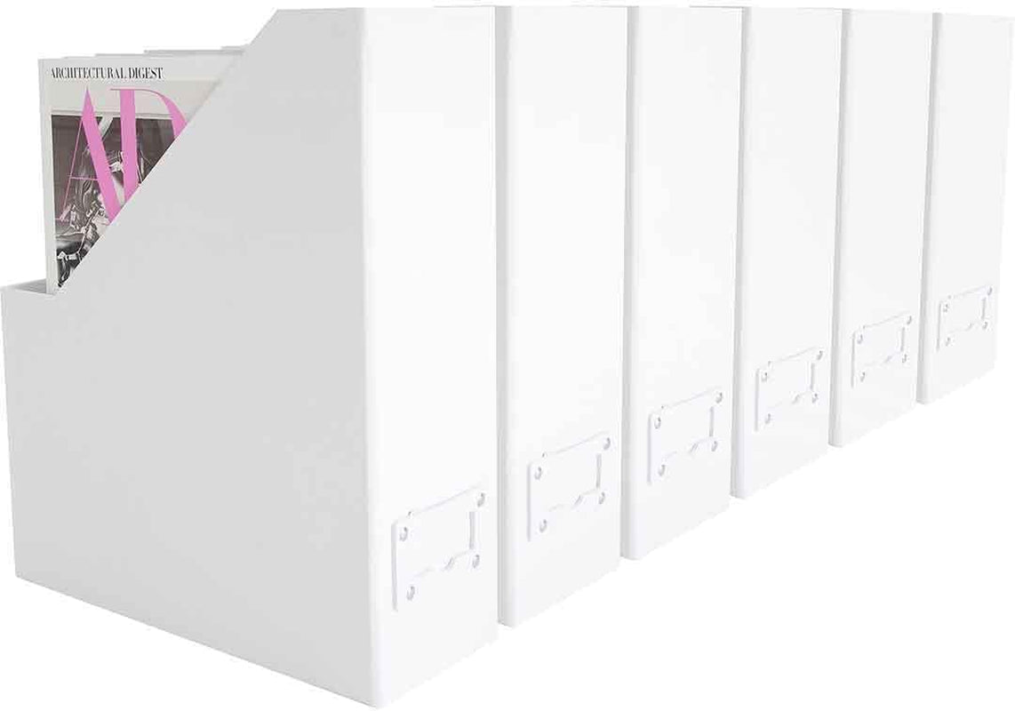 Set of 6 Foldable White Magazine File Holders | Vertical Desk File Organizer Boxes with Leather Label Holders | Stylish Cardboard Magazine Storage for Shelves, Workspace and Home Office