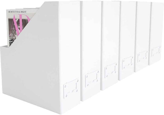 Set of 6 Foldable White Magazine File Holders | Vertical Desk File Organizer Boxes with Leather Label Holders | Stylish Cardboard Magazine Storage for Shelves, Workspace and Home Office