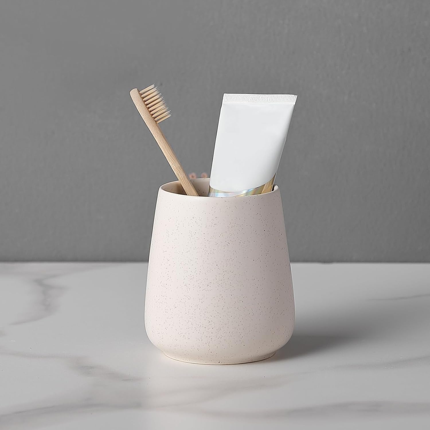 Beige Toothbrush Holder for Bathroom - Ceramic Tooth Brushing Holders, Toothbrush Cup, Toothpaste Organizer for Bathroom Countertop, Makeup Brush Holder, Pen Holder for Home Desktop Storage