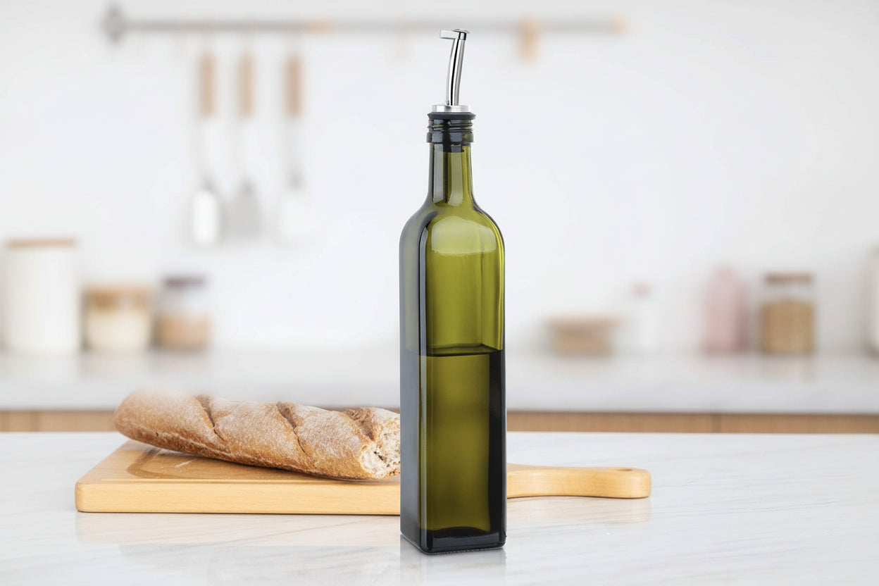 17Oz Glass Olive Oil Bottle Dispenser - 500Ml Green Oil and Vinegar Cruet with Pourers and Funnel - Olive Oil Carafe Decanter for Kitchen