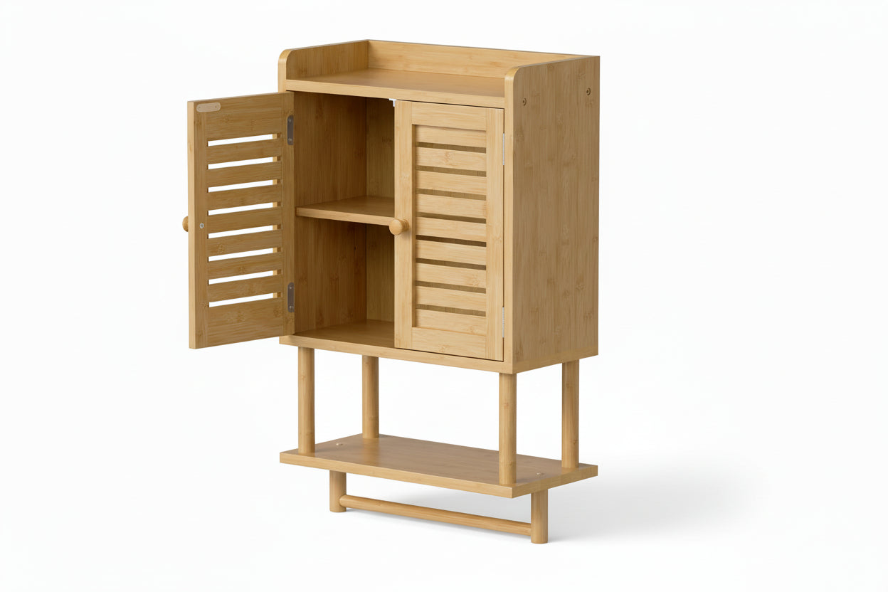 Bathroom Wall Cabinet, Bamboo over the Toilet Storage Cabinet, Hanging Medicine Cabinets with Towel Bar, Wall Mounted Storage Shelf with Adjustable Shelves for Small Spaces