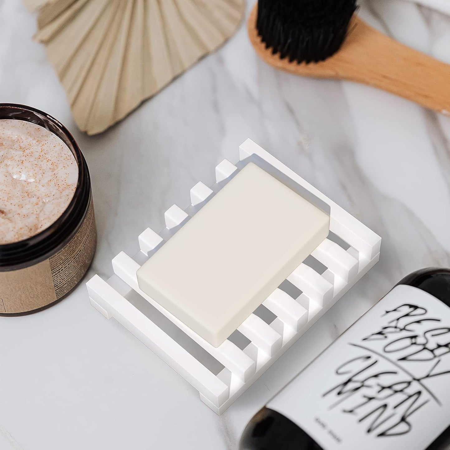 2Pcs Soap Dish Holder, Non-Slip Bathroom Accessories Silicone Soap Case Saver, Sink Deck Bathtub Shower Dish Soap Drainer, Silicone Holder for Soap, Sponges, Scrubber (White)