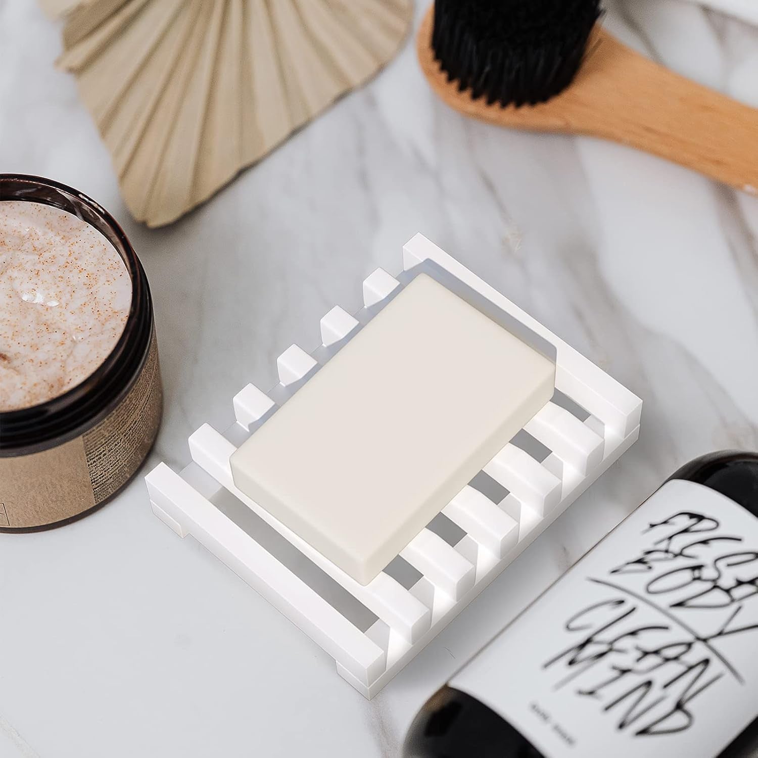 2Pcs Soap Dish Holder, Non-Slip Bathroom Accessories Silicone Soap Case Saver, Sink Deck Bathtub Shower Dish Soap Drainer, Silicone Holder for Soap, Sponges, Scrubber (White)