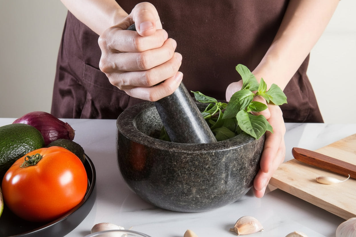 Heavy Duty Large 2 Cup Mortar and Pestle Set,100% Granite, Non Slip Base, Make Fresh Guacamole, Salsa, Pesto, Stone Grinder Bowl, Herb Crusher, Spice Grinder, 6.3 Inch Size, Black