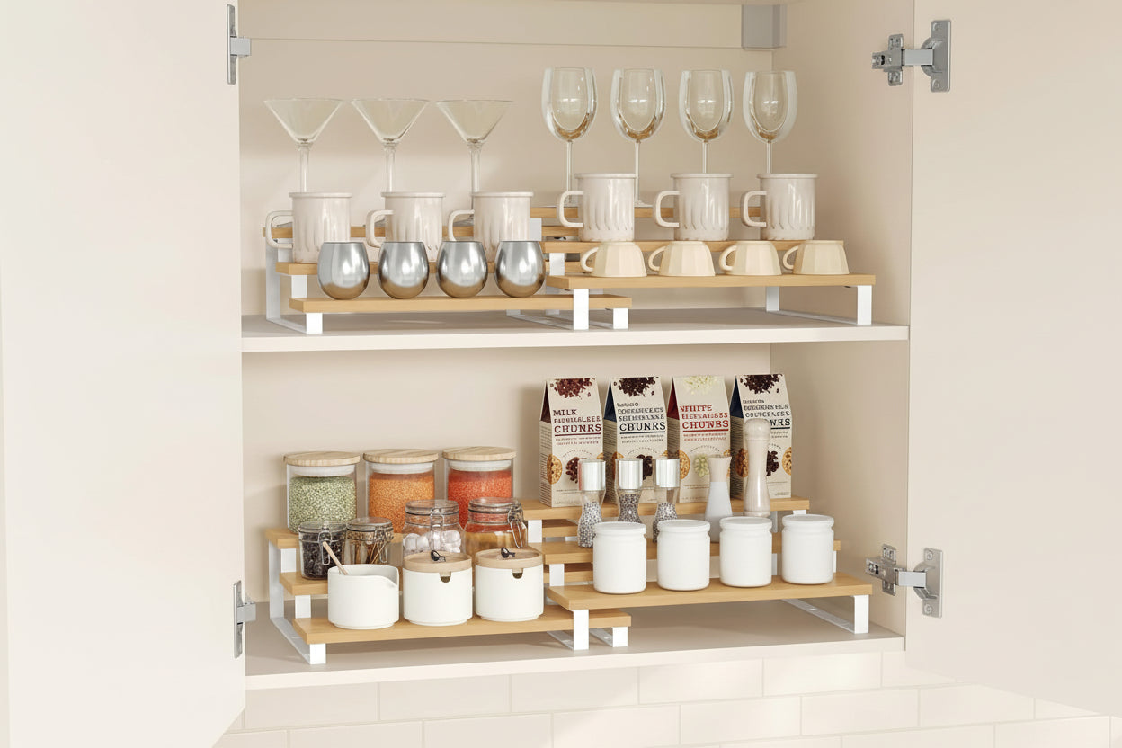 Display Risers, Set of 2 Engineered Wood Perfume Organizer Stand, 3-Tier Cupcake Stand Holder, Spice Rack, Shelf Risers for Figures, Dessert Shelves, Natural Beige and Cloud White UKCS016N02