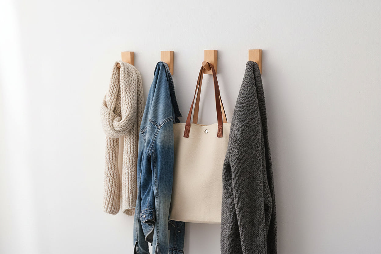 Wood Coat Hooks Wall Mounted - 4 Pack Wall Hooks for Hanging Robe & Towel Hooks for Bathroom, Natural Handmade Hat Hooks Heavy Duty (Beech Wood)