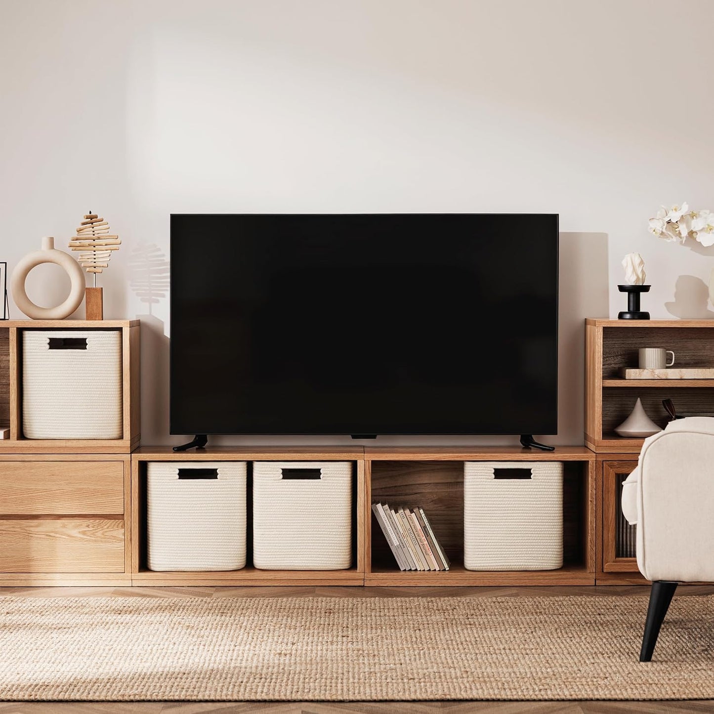 Set of 4 Storage Cubes-13 X 13 X 13 In, Cotton Rope Basket for Shelves, Toys, Book, Cube Storage Bin with Handles, Woven Storage Basket for Organizing, Beige