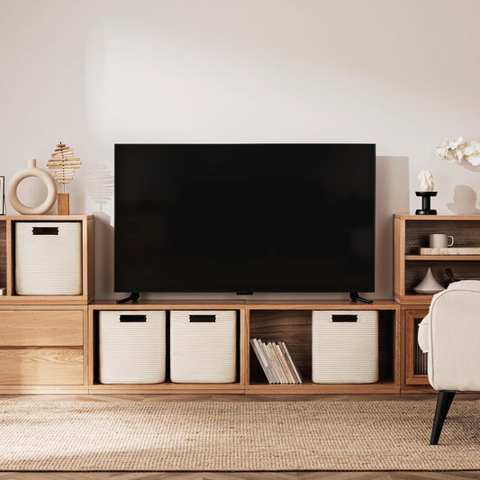Set of 4 Storage Cubes-13 X 13 X 13 In, Cotton Rope Basket for Shelves, Toys, Book, Cube Storage Bin with Handles, Woven Storage Basket for Organizing, Beige