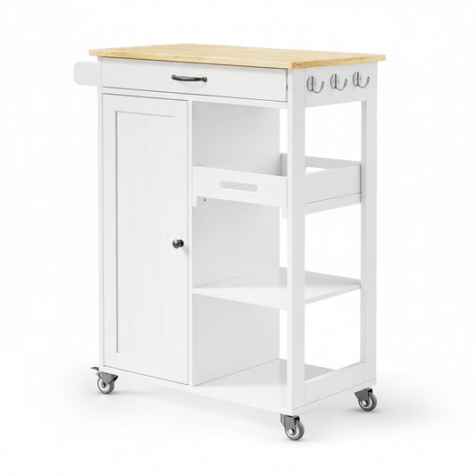Kitchen Island Cart with Removable Tray, 27.6''W Rolling Utility Trolley Cart with Drawer, Cabinet, Towel Rack, Hooks and 3 Open Storage Shelves, Mobile Storage Cart for Dining Room, Bar, White