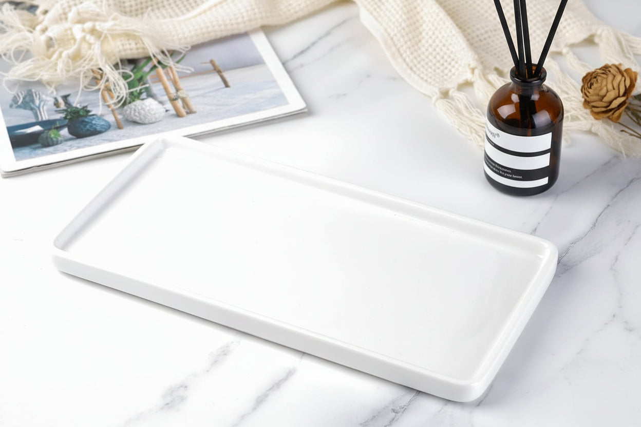 8" Bathroom Trays - Ceramic Vanity Tray for Bathroom - Small Ceramic Tray - Kitchen Soap Trays - Porcelain Dispenser Organizer for Kitchen Bathtub Counter (White)