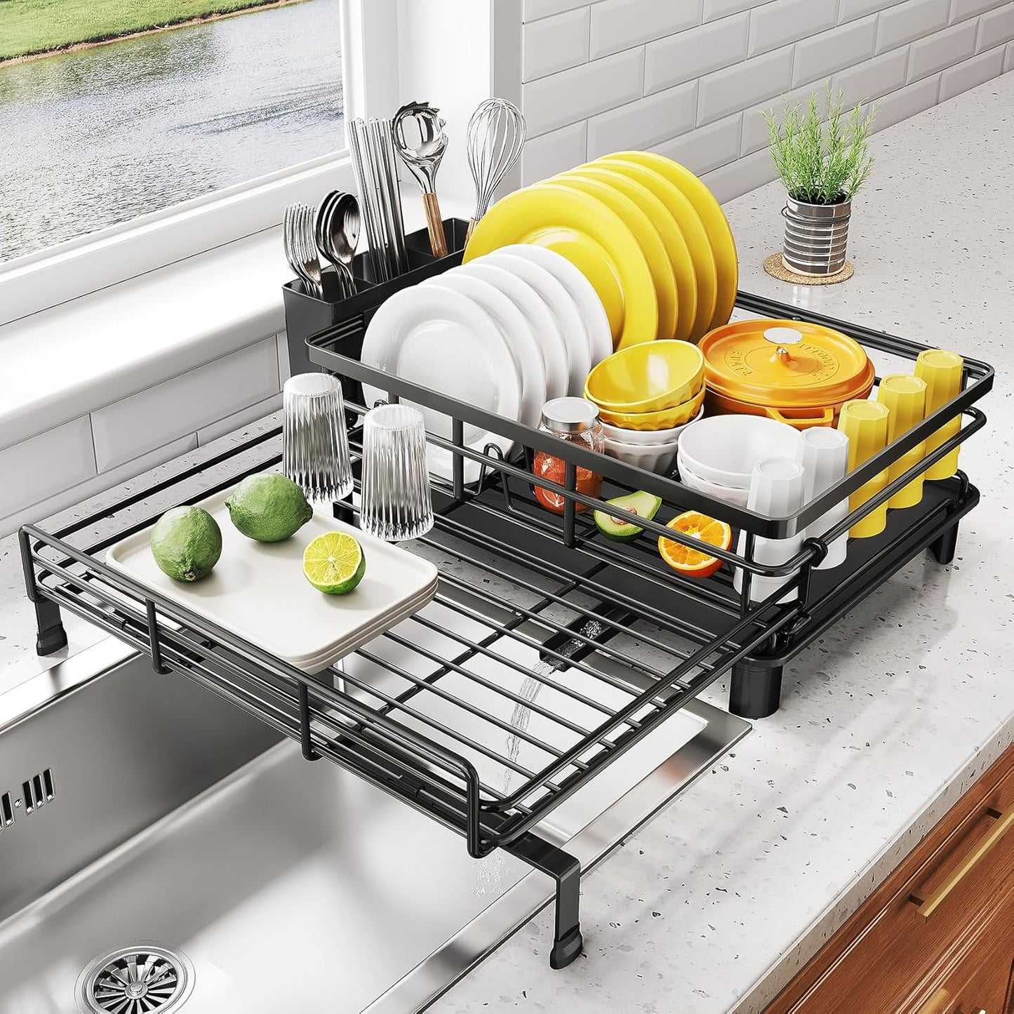 Dish Drying Rack - Extendable Dish Rack, Large Sink Drying Dish Drainer for Kitchen Counter, Stainless Steel Dish Strainer with Utensil Holder (White)