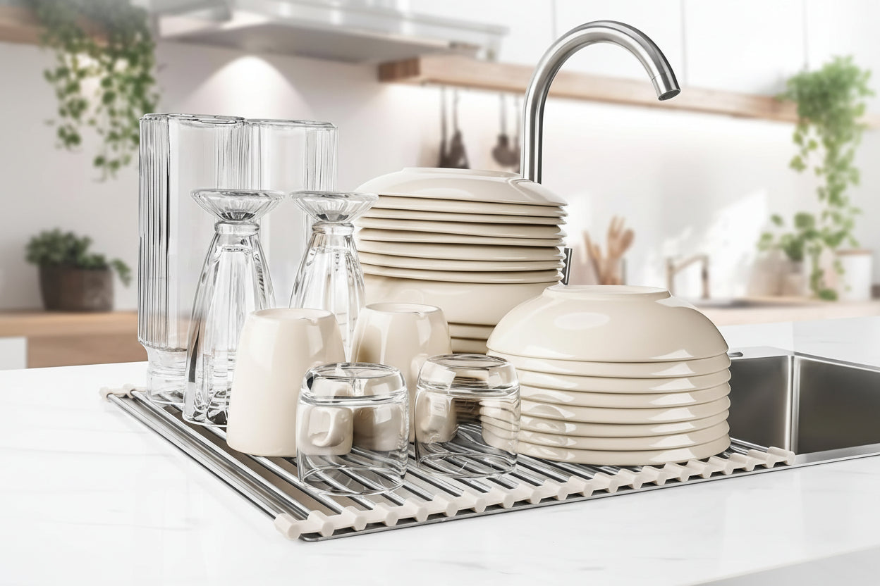 17.7" X 15.5" Roll up Dish Drying Rack over Sink Drying Rack Sink Cover Kitchen Sink Accessories Gadget Multipurpose Organizer Foldable Stainless Steel Drainer