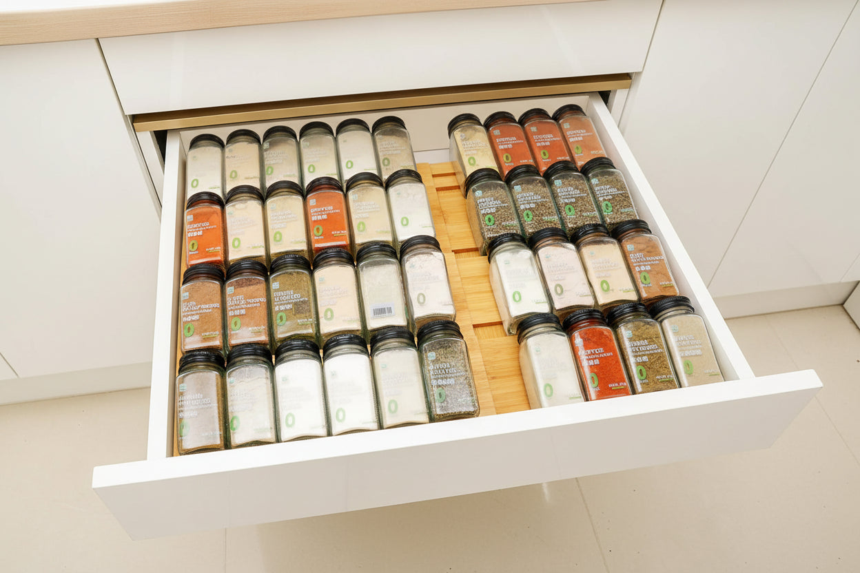 Bamboo Spice Drawer Organizer, (Need 3.1” Deep Drawer) Expandable 4 Tier Spice Rack for Cabinet (From 12" to 23" Wide), Seasoning Storage Insert, Spice Organizer for Drawer,Jars Not Included