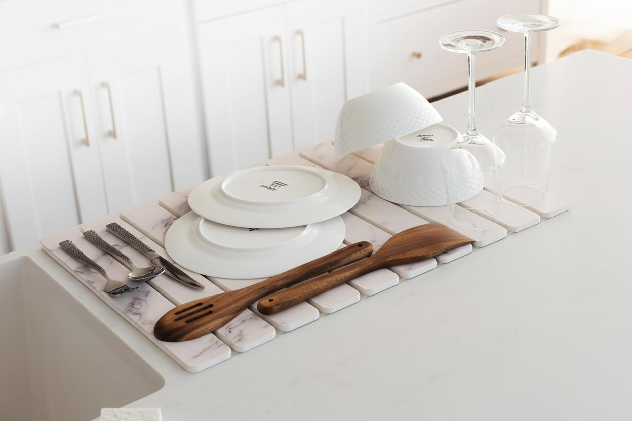 3-Pack Stone Dish Drying Mat Set for Kitchen Counter-Collapsible Diatomaceous Earth Pad Absorbs Water & Dries Dishes Fast | Includes 1 Large 24”X16” & 2 Small 4”X9” Non-Slip, Odor-Resistant Mats