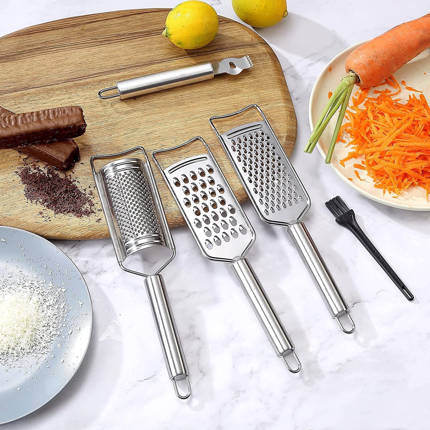 Stainless Steel Cheese Grater Set, Set of 5 Kitchen Grater & Peeler & Slicer, Lemon Zester with Cleaning Brush for Vegetable, Fruit, Chocolate