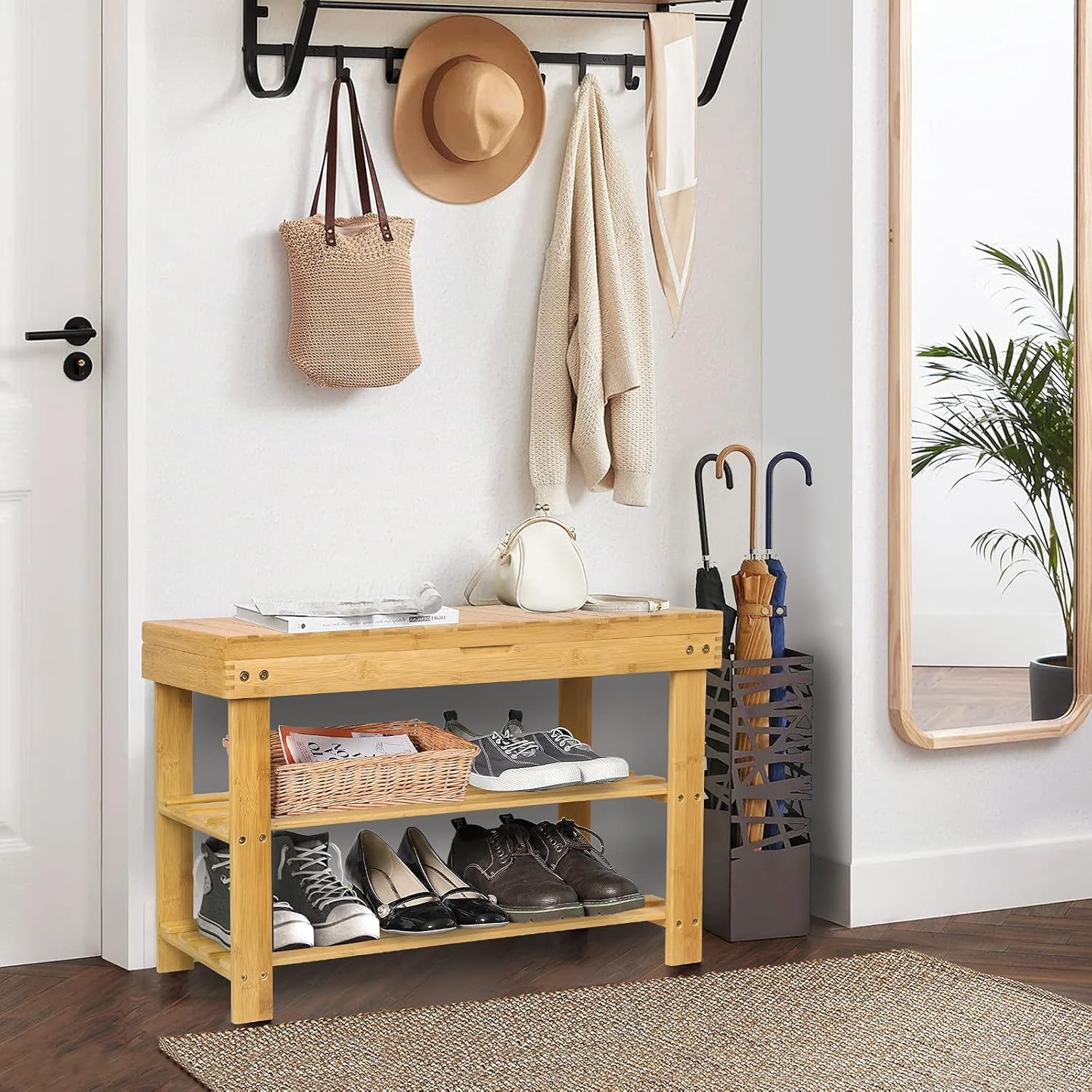 Shoe Rack Storage Bench Bamboo Organizer Entryway Organizing Shelf with Storage Drawer on Top, Natural