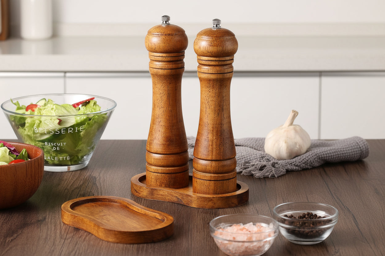 Salt and Pepper Wood Mill Tray, Retro Colour Pepper Grinder Rest, Work Surface and Dining Table Protector (Pepper Mill Not Included)