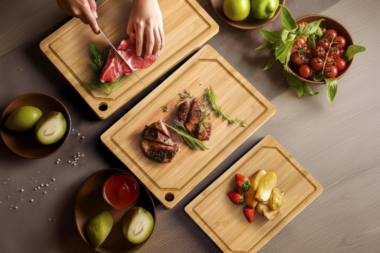 Bamboo Cutting Board Set - Multi-Sizes Wooden Cutting Boards for Kitchen, Convenient Kitchen Essentials with Deep Juice Grooves, Cutting Board for Chopping & Serving, 3 Pack, Natural