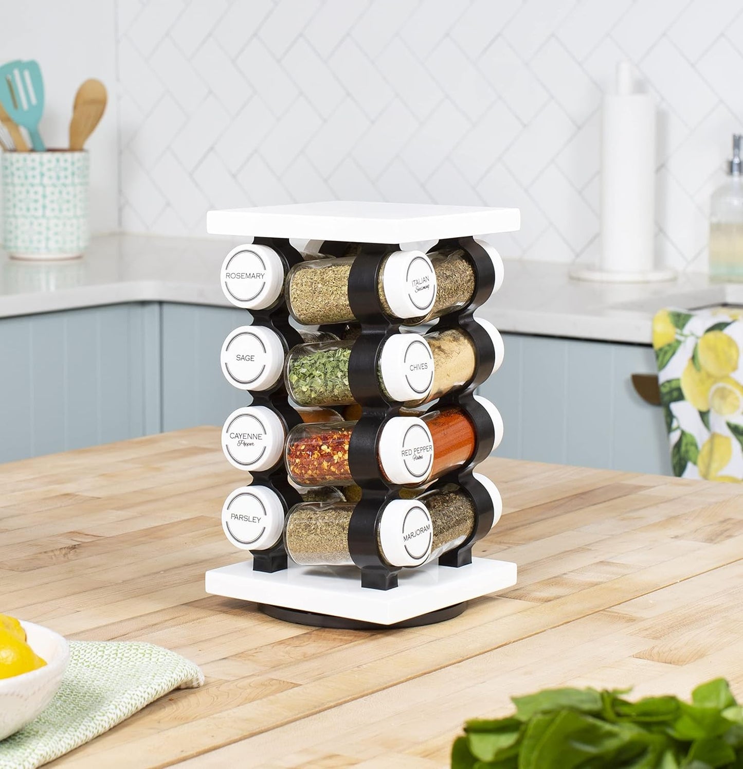 Spice Rack 16 Jar Set White Filled with Spices - Rotating Standing Rack Shelf Holder & Countertop Spice Rack Tower Organizer for Kitchen Spices