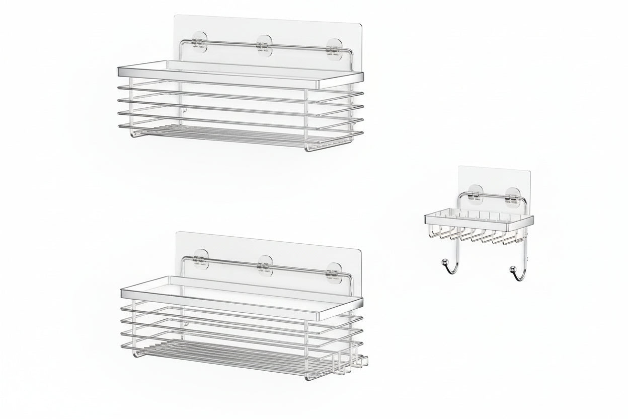 Shower Caddy 3 Pack SUS304 Stainless Steel-No Drilling-Shower Bathroom Shelves Rack,Rustproof Wall Mounted,Adhesive Shower Shelf Basket Organizer-Silver