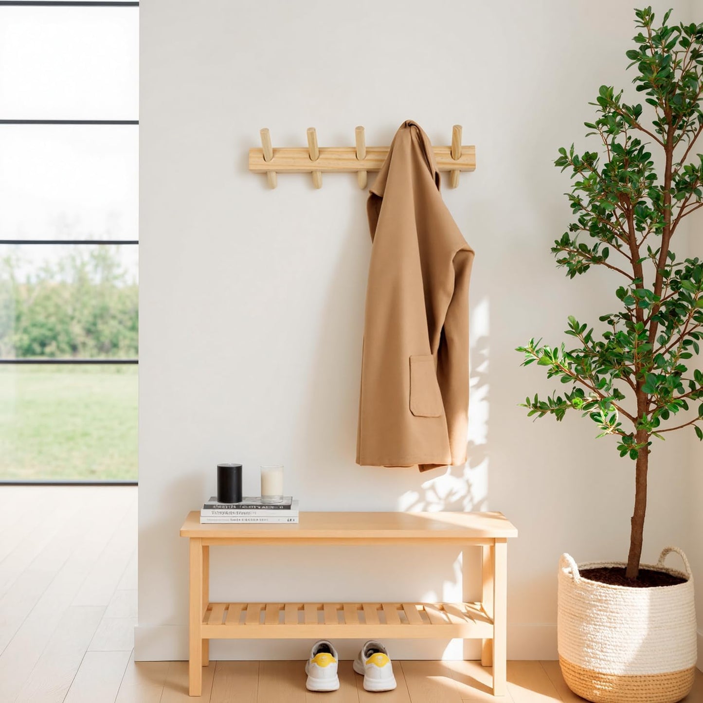 Wall Hook Rack,Solid Wooden Coat Rack Wall Mount,Removable Wood Wall Hooks for Hanging,Installation in Entrances Bathrooms and Utility Rooms for Storage(Natural, 5 Hooks)