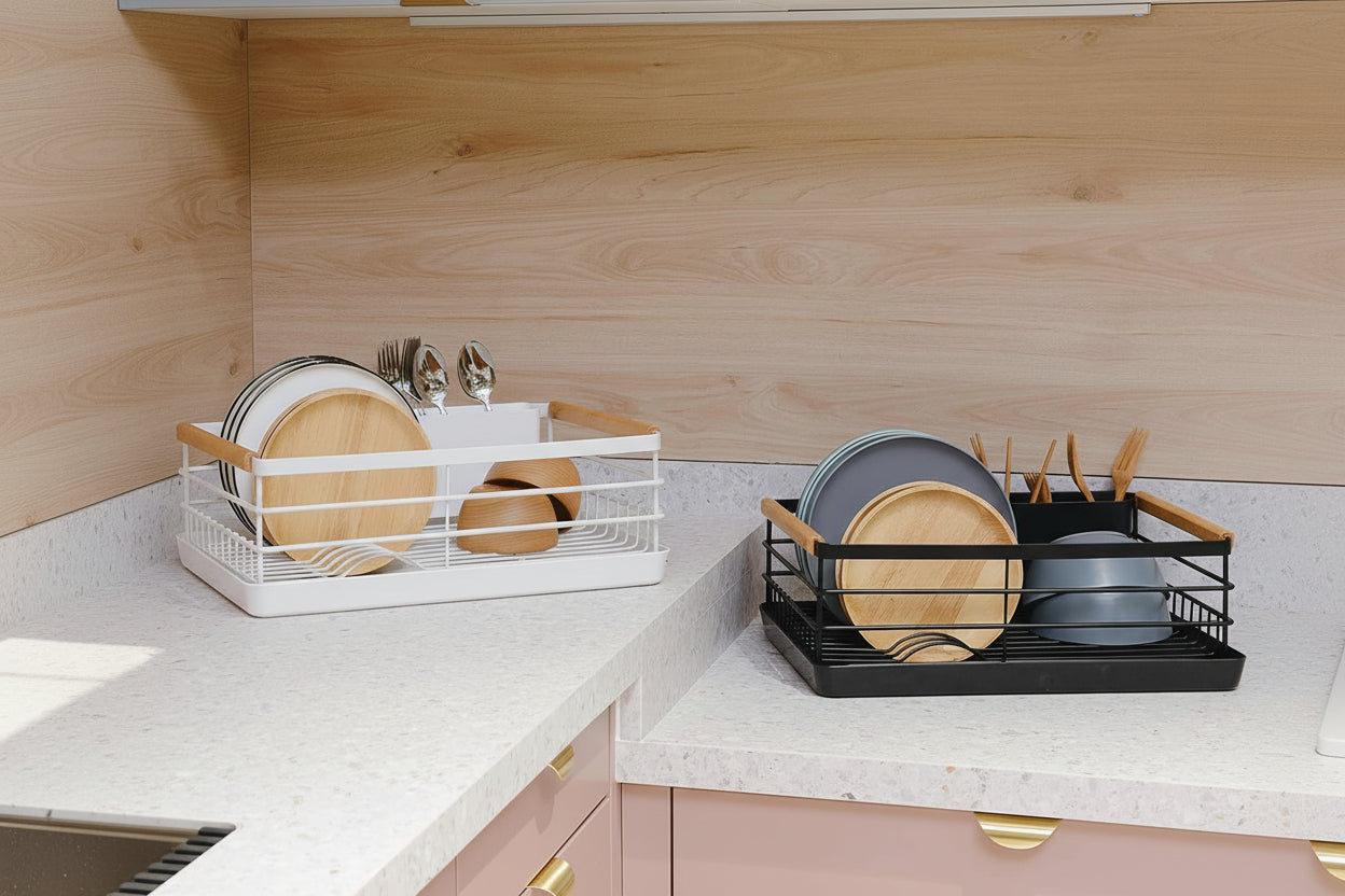 Dish Drying Rack, Dish Racks for Kitchen Counter, Stainless Steel Dish Drainer with Removable Cutlery Holder & Drainboard, White