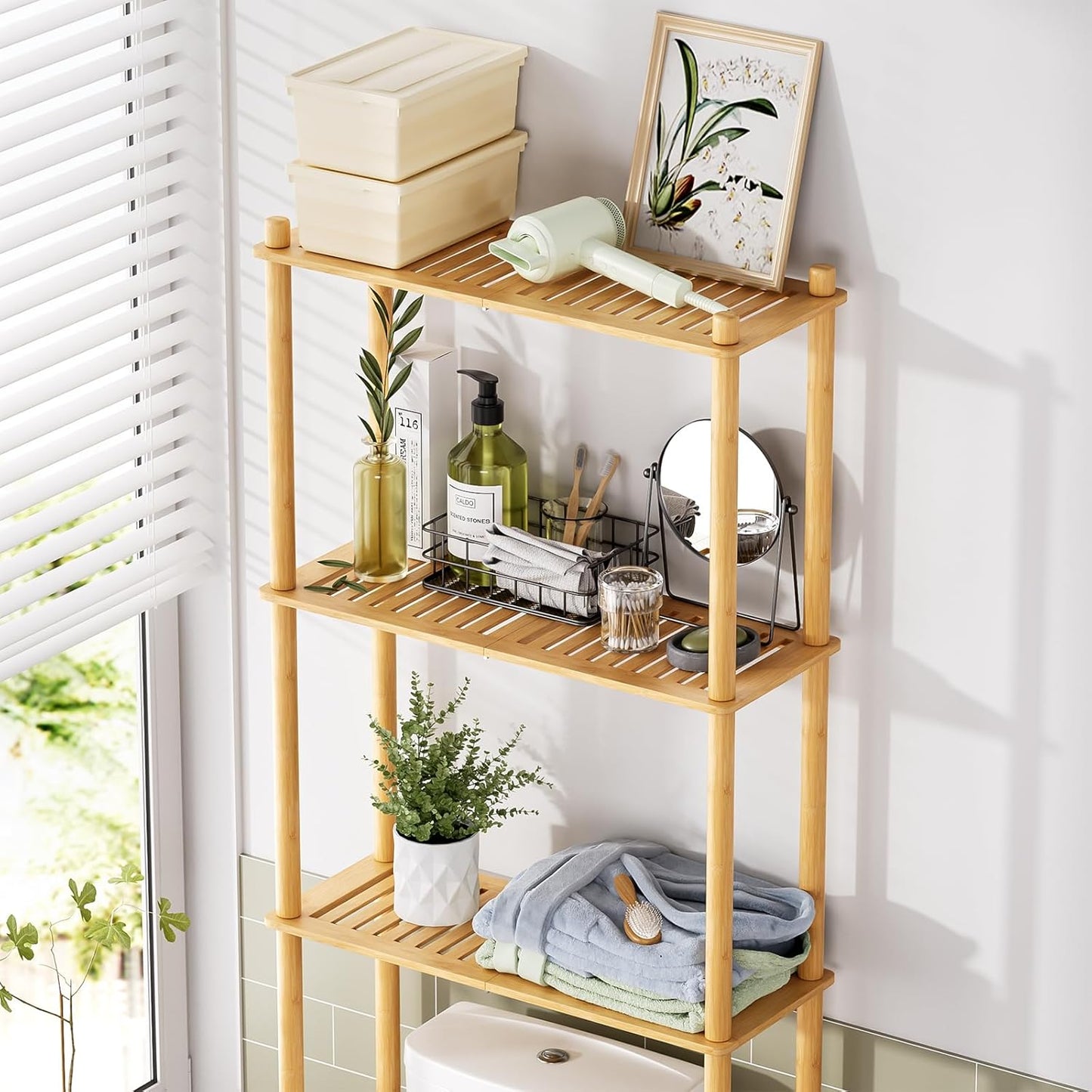 over the Toilet Storage Shelf Bamboo, 3-Tier over Toilet Organizer Rack, Freestanding above Toilet Shelf for Bathroom, Laundry, Space Saver, Natural Color