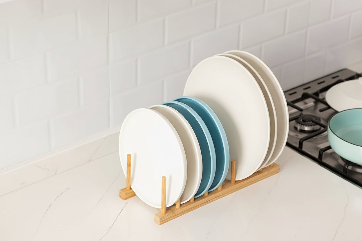 2Pcs Bamboo Dish Plate Bowl Cup Book Pot Lid Cutting Board Drying Rack Stand Drainer Storage Holder Organizer Kitchen Cabinet（Keep Dry）