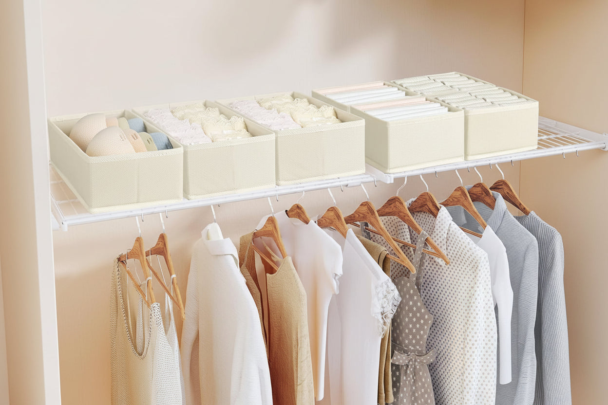 Drawer Organizers Clothes, Set of 4 Dresser Organizer Bins, Fabric Closet Organizers and Storage, Shallow Drawer Dividers for Nursery, Clothing, Baby Clothes, Socks, Underwears, Tie (Beige)