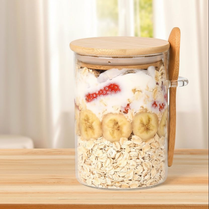 Overnight Oats Containers with Lids,4 Pack 18Oz Overnight Oats Jars with Spoons,Salad Meal Prep Jar with Bamboo Lids for Chia Seed Pudding Salad Cereal Coffee Flour,Sourdough Starter Jar for Bread