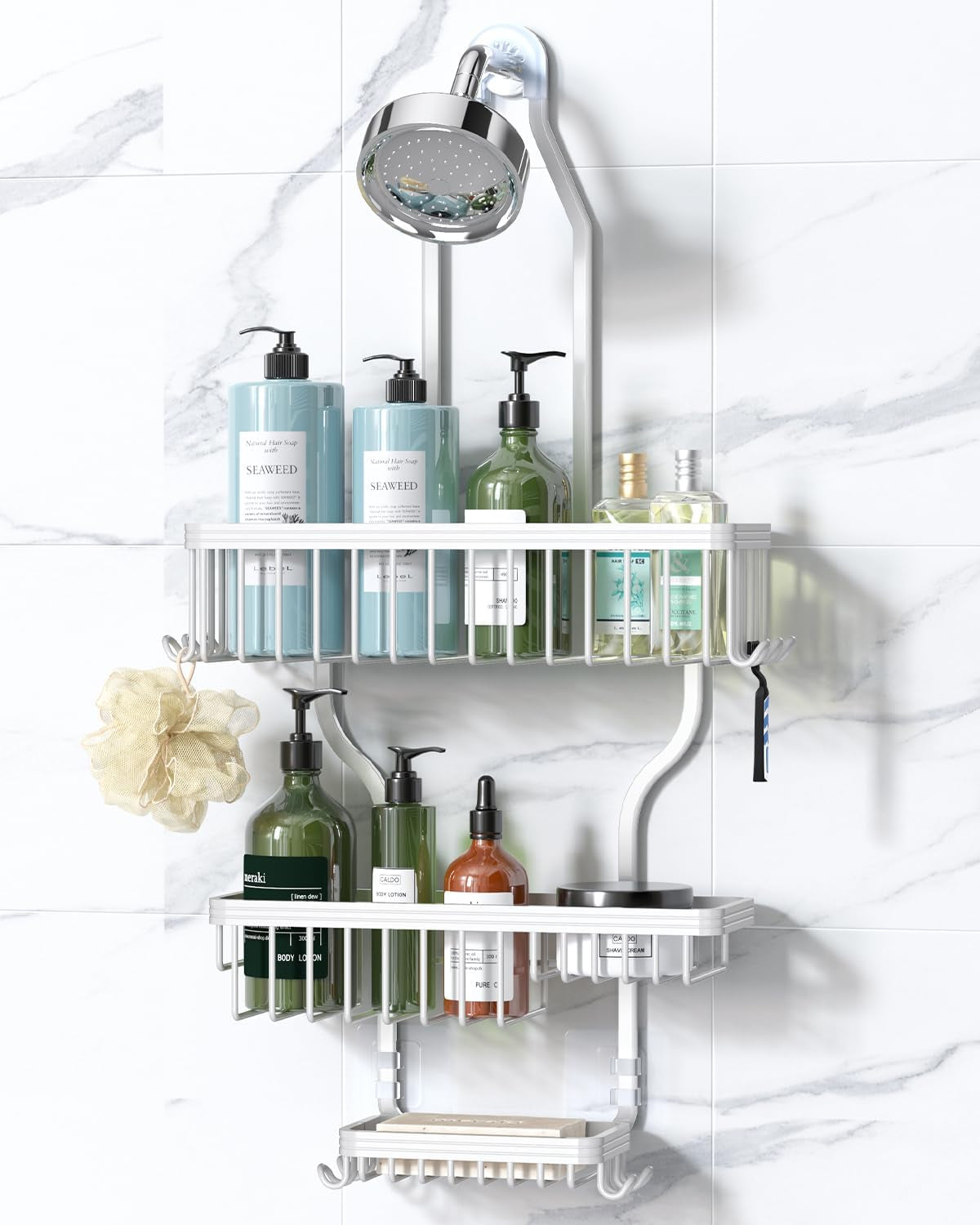 Shower Caddy Hanging - Never Rust Shower Organizer - Aluminum over the Head Caddy with 10 Hooks for Razor/Sponge - Rack with Soap Basket - Silver