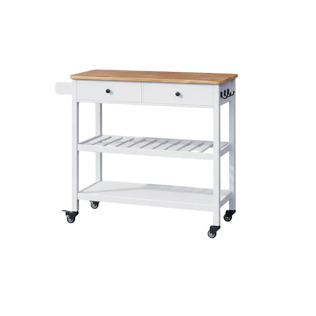 Kitchen Island Cart on Wheels with 40'' Wood Tabletop, 2 Open Tiers Spacious Storage Shelves and Towel Rack, Rolling Utility Cart with 3 Side Hooks and 2 Drawer for Dining Room, Bar, White