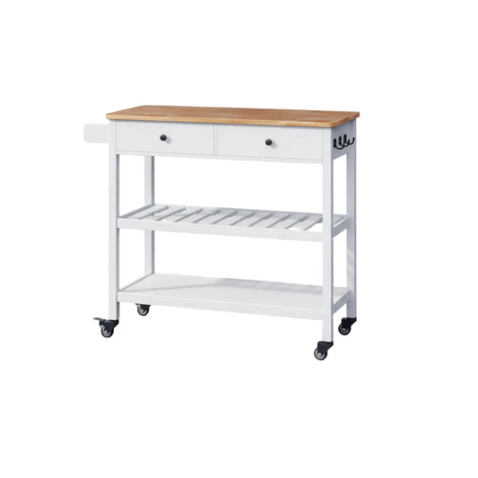 Kitchen Island Cart on Wheels with 40'' Wood Tabletop, 2 Open Tiers Spacious Storage Shelves and Towel Rack, Rolling Utility Cart with 3 Side Hooks and 2 Drawer for Dining Room, Bar, White